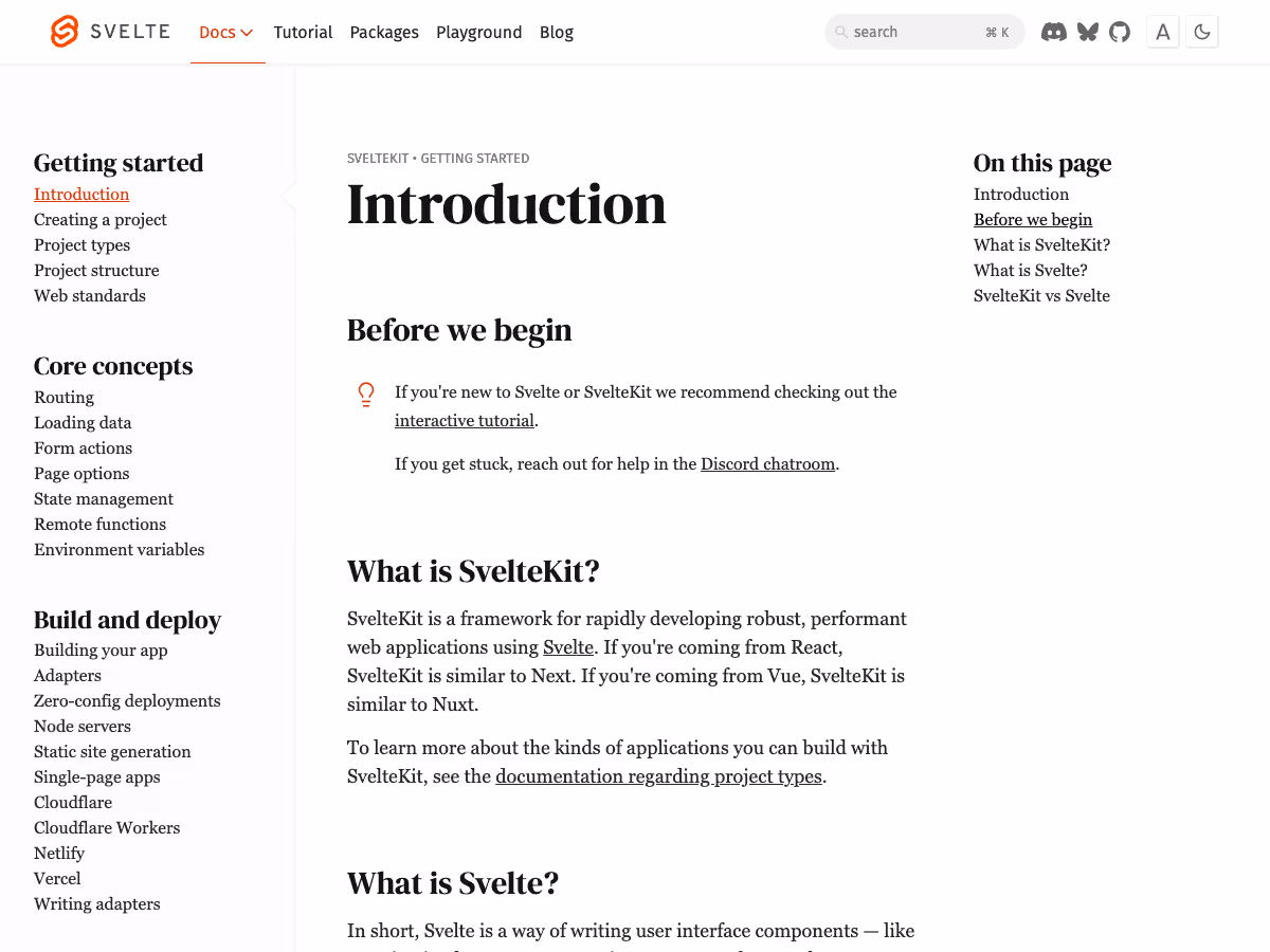 Screenshot of Official SvelteKit docs