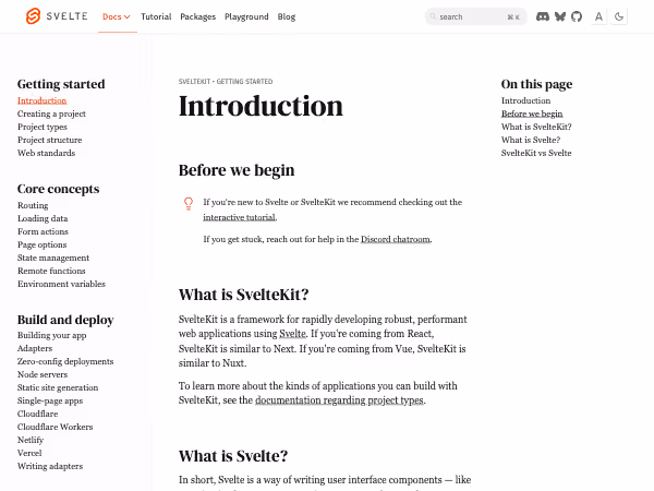 Screenshot of Official SvelteKit docs