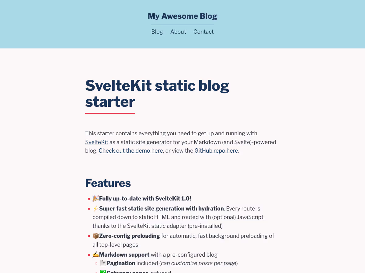 Screenshot of SvelteKit static blog starter