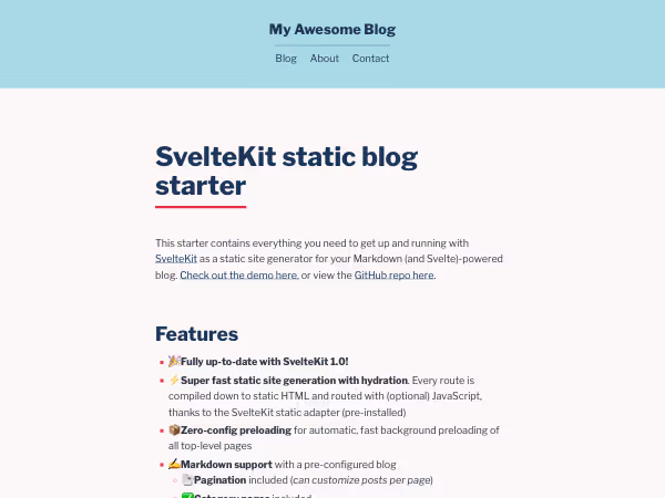 Screenshot of SvelteKit static blog starter